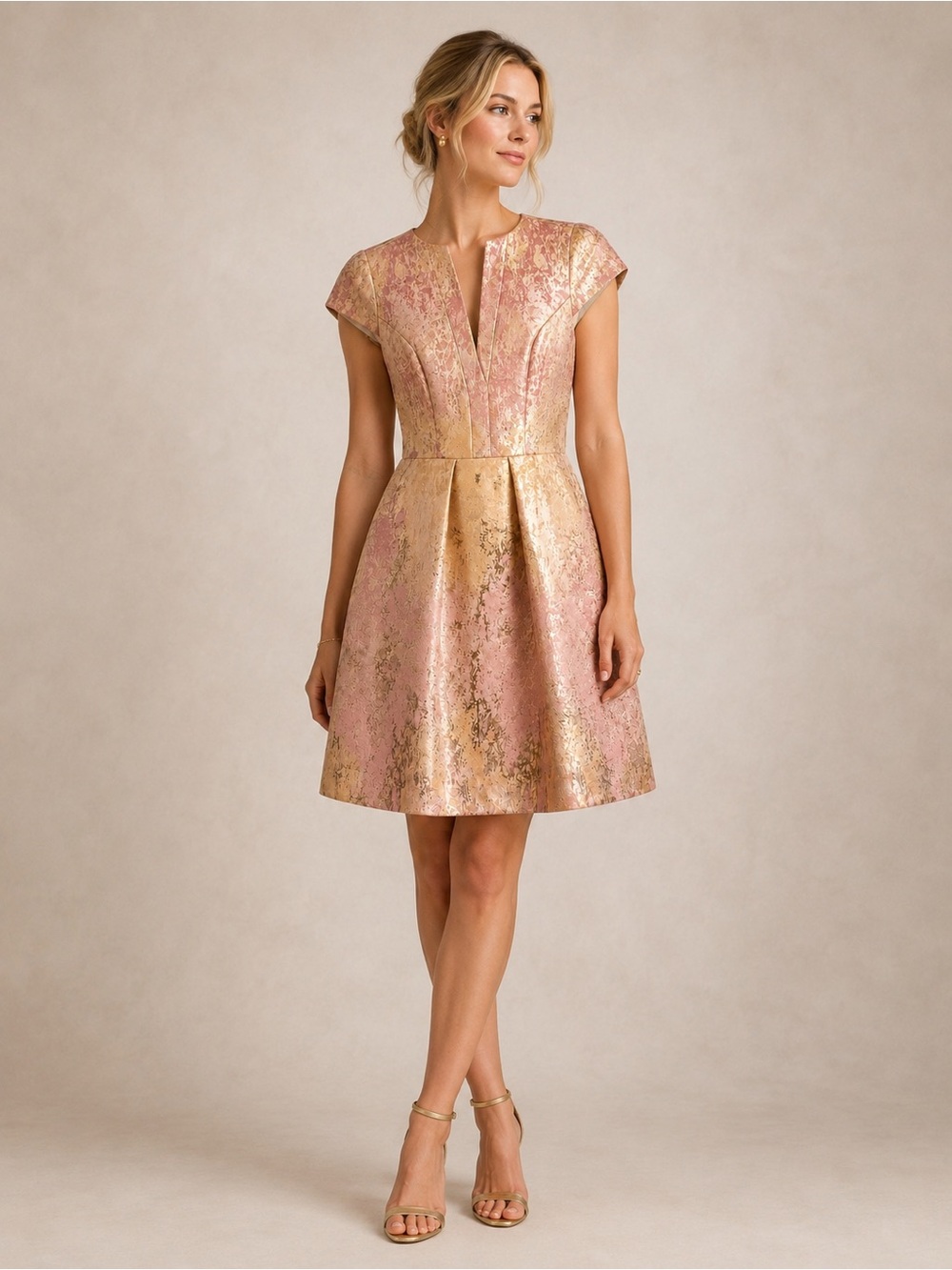 Vince Camuto NWT Metallic Pink Gold Jacquard Fit & Flare Dress Size 2 - Picture 9 of 9